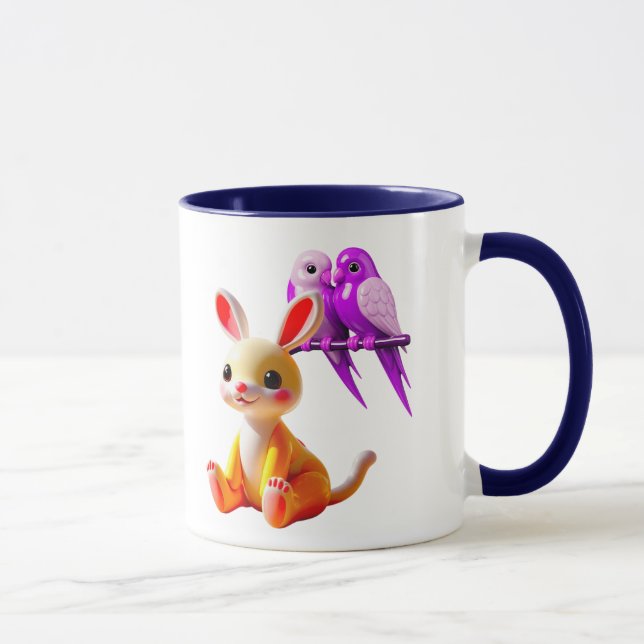 Hübsches Bild mit einem Kaninchen und farbigen Vög Tasse (Rechts)