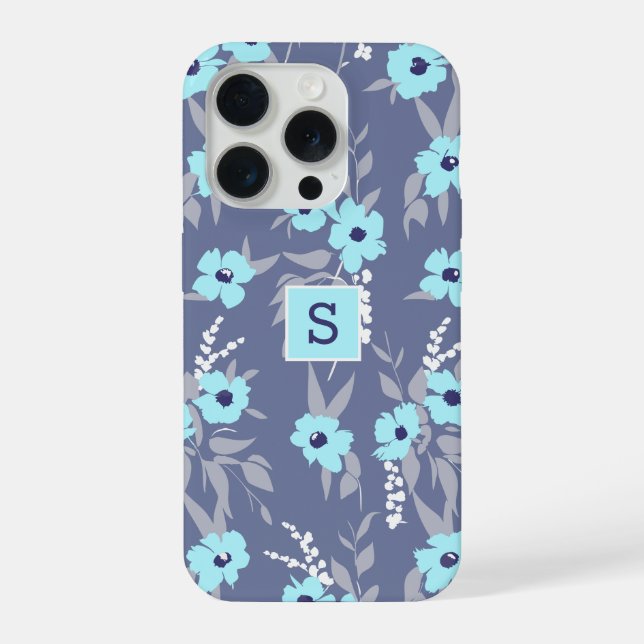 Hübsches Blau Blüten Muster Monogramm / Initiale iPhone 15 Pro Hülle (Rückseite)