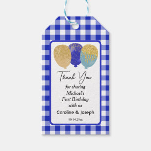Hübsches Blau Gingham & 3 Glitzerballons Geburtsta Geschenkanhänger