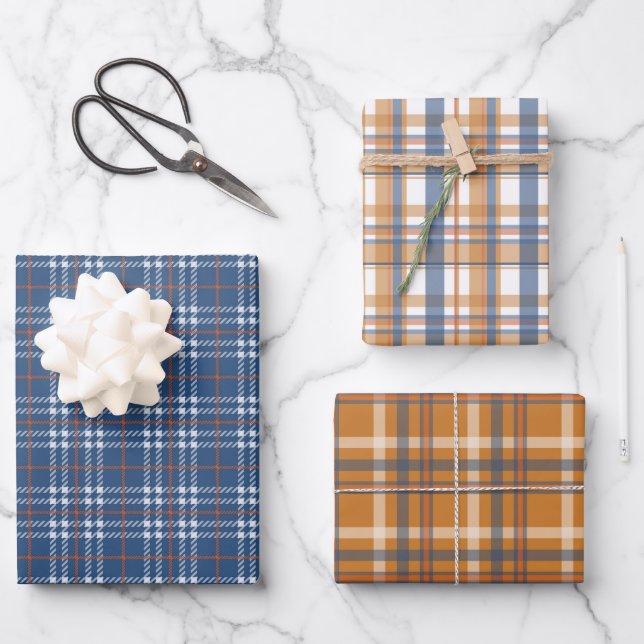 HÜBSCHES BLAU- UND BROWN-FALL-KARIERTES MUSTER GESCHENKPAPIER SET (Vorderseite)