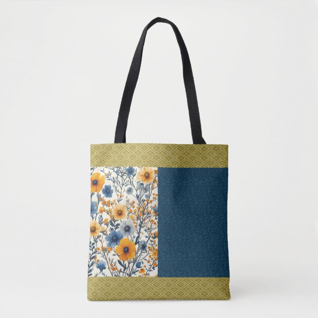 Hübsches Blau und Gelb Vintage Blütenmischung Tasche (Vorderseite)