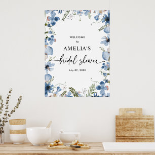 Hübsches blaues florales Willkommensschild für die Poster