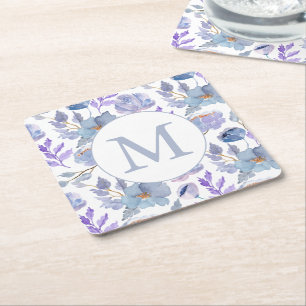 Hübsches blaues Lilac-Aquarellfarbenmonogramm Rechteckiger Pappuntersetzer