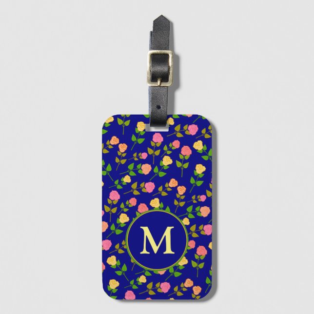 Hübsches blaues Rosenmuster Monogramm Gepäckanhänger (Vorderseite Vertikal)