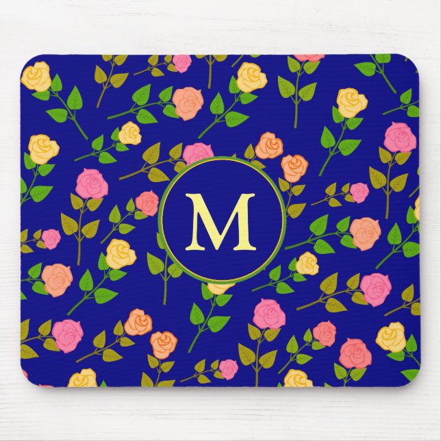 Hübsches blaues Rosenmuster Monogramm Mousepad (Vorne)