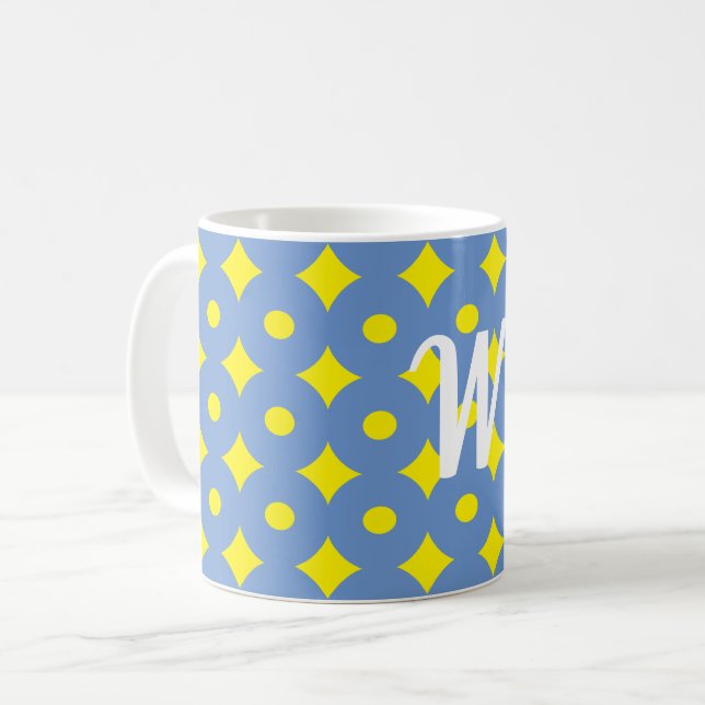 hübsches blaues und gelbes Muster, monogramm Tasse (Vorderseite Links)