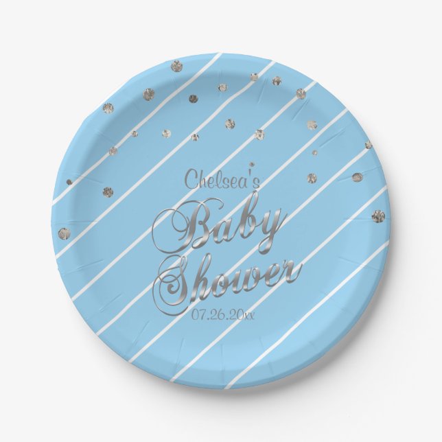 Hübsches Blaues und silbern - Baby-Dusche Pappteller (Vorderseite)