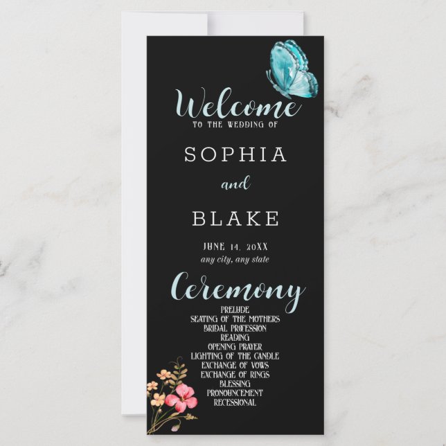 Hübsches Blue Butterfly Black Wedding Programm (Vorderseite)