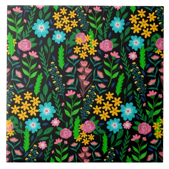 Hübsches Blue Pink Garden Blume Schwarzes Design Fliese (Vorderseite)