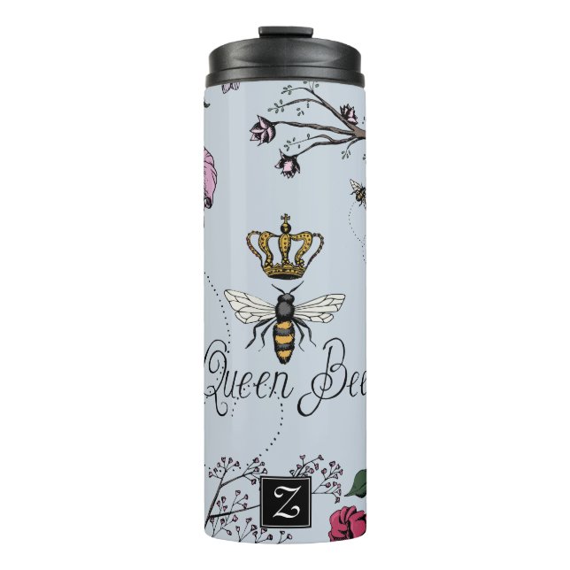Hübsches Blue Queen Bee & Gold Crown Floral Monogr Thermosbecher (Vorderseite)