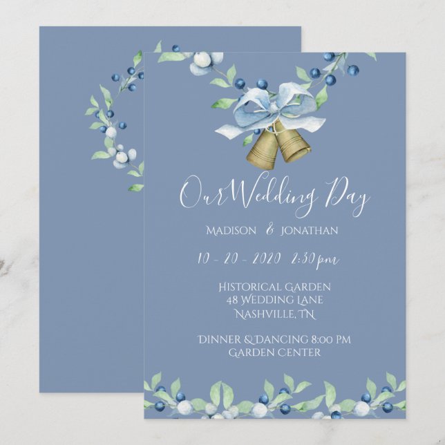 Hübsches Blue Wreath Script Elegante Custom Weddin Einladung (Vorne/Hinten)