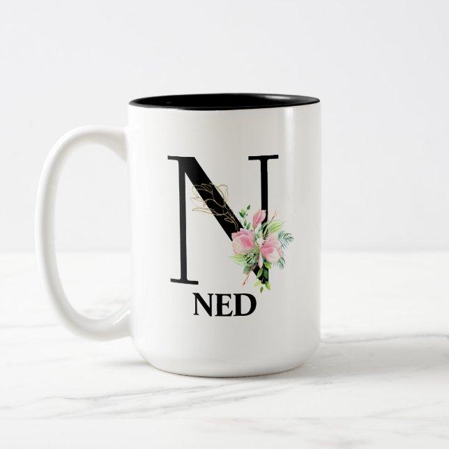 Hübsches Blumenalphabet N mit Monogramm Zweifarbige Tasse (Links)