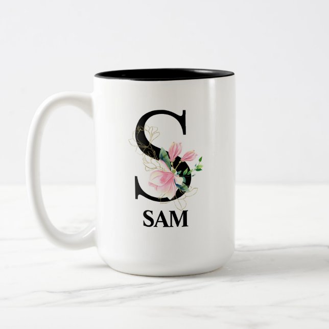 Hübsches Blumenalphabet S mit Monogramm Zweifarbige Tasse (Links)