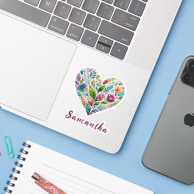 Hübsches Blumenherz mit Name Vinyl Aufkleber (Laptop mit iPhone)
