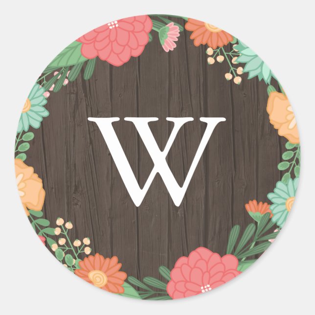 Hübsches Blumenkraut-Holzkörnchen-Monogramm Runder Aufkleber (Vorderseite)