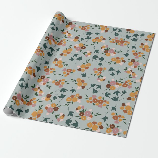 Hübsches Blumenmuster auf hellblauem Hintergrund Geschenkpapier (Ungerollt)