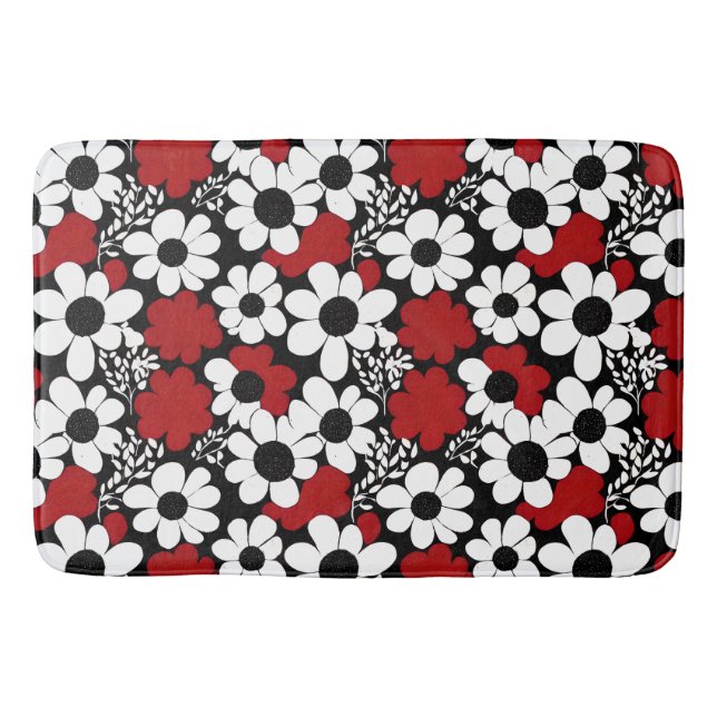Hübsches Blumenmuster in Rot, Schwarz und Weiß Badematte (Vorderseite)