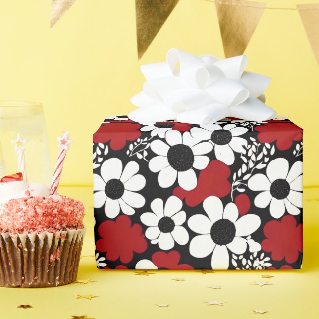 Hübsches Blumenmuster in Rot, Schwarz und Weiß Geschenkpapier (Geburtstagsparty)