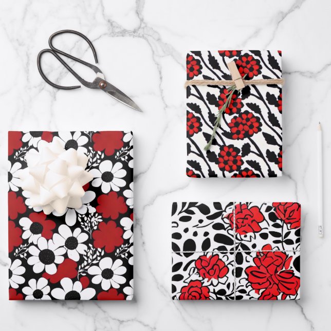 Hübsches Blumenmuster in Rot, Schwarz und Weiß Geschenkpapier Set (Vorderseite)