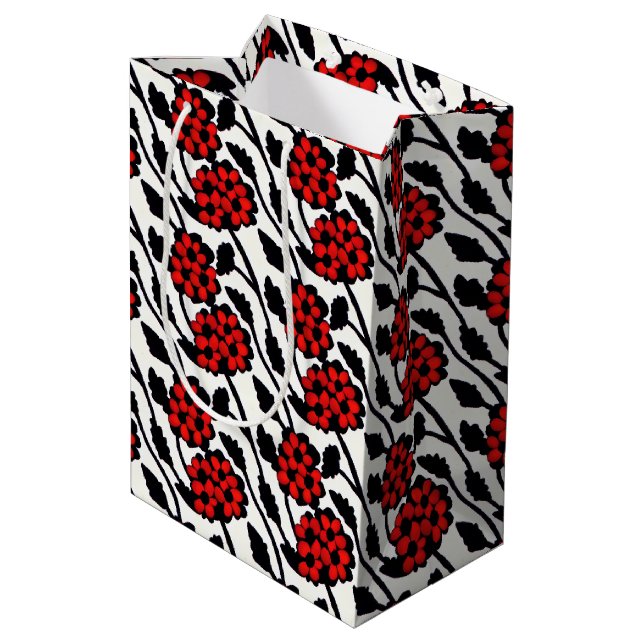 Hübsches Blumenmuster in Rot, Schwarz und Weiß Mittlere Geschenktüte (Rückseite Schrägansicht)