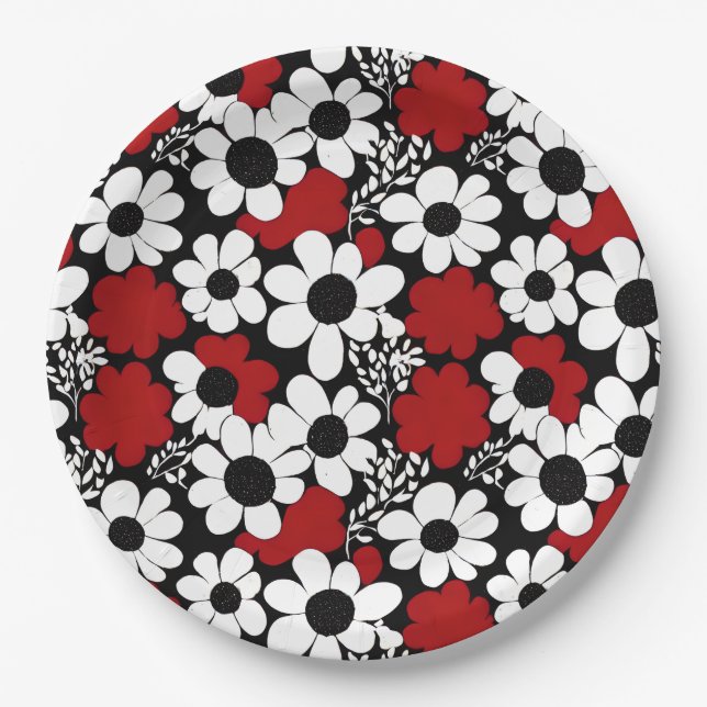 Hübsches Blumenmuster in Rot, Schwarz und Weiß Pappteller (Vorderseite)