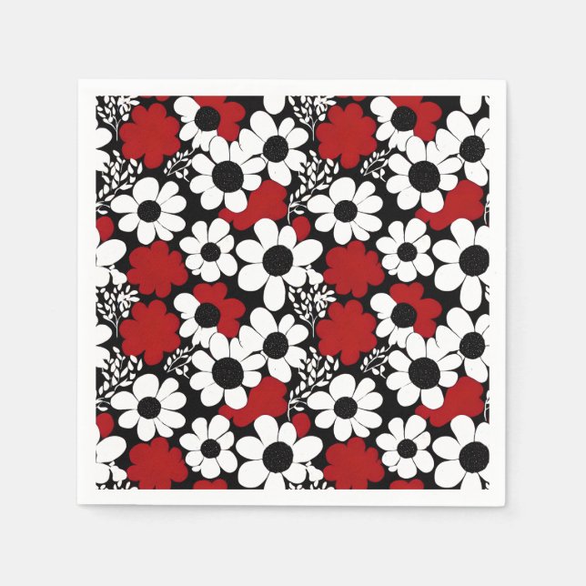 Hübsches Blumenmuster in Rot, Schwarz und Weiß Serviette (Vorderseite)