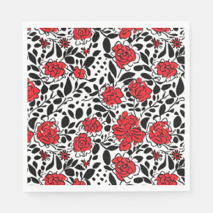 Hübsches Blumenmuster in Rot, Schwarz und Weiß Serviette