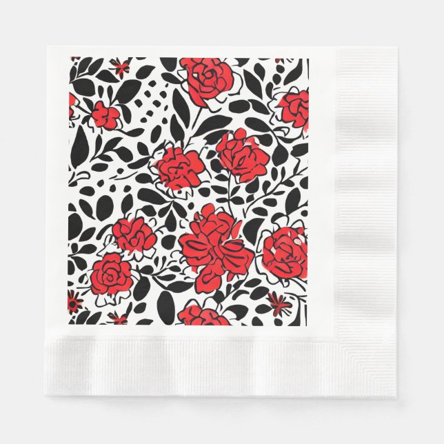 Hübsches Blumenmuster in Rot, Schwarz und Weiß Serviette (Vorderseite)