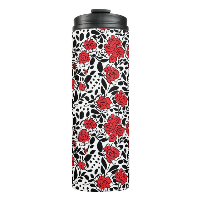 Hübsches Blumenmuster in Rot, Schwarz und Weiß Thermosbecher (Vorderseite)