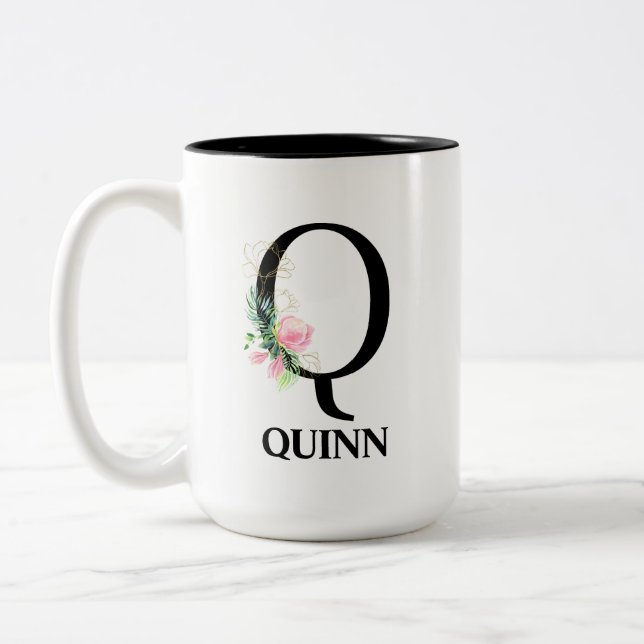 Hübsches Blumenmuster Q mit Monogramm Alphabet Zweifarbige Tasse (Links)