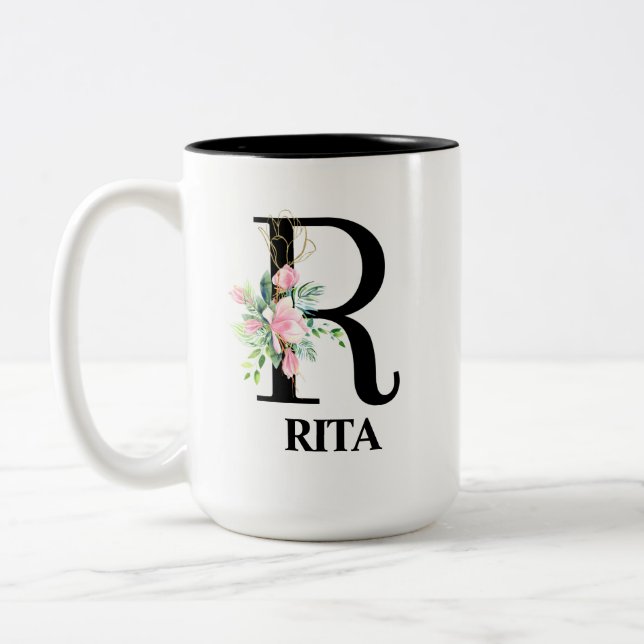 Hübsches Blumenmuster R mit Monogramm Alphabet Zweifarbige Tasse (Links)