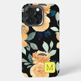 Hübsches Blumenmuster Schwarz Beige Blau Initial iPhone 13 Pro Hülle
