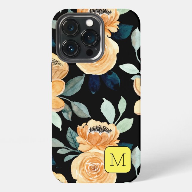 Hübsches Blumenmuster Schwarz Beige Blau Initial iPhone 13 Pro Hülle (Hinten)