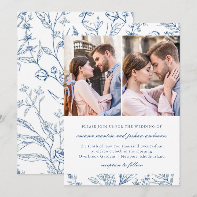 Hübsches Blumenmuster Zwei-Foto-Hochzeit Einladung (Vorne/Hinten)