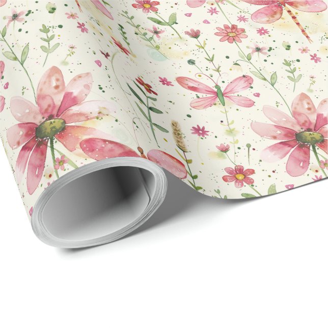 Hübsches Blumenrosa Dragonfly-Geschenkpapier Geschenkpapier (Rolleneckpunkt)