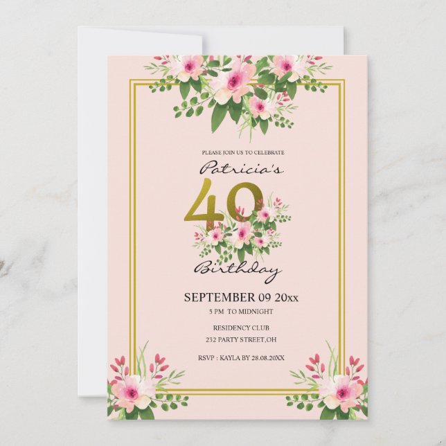 Hübsches Blumenrosa und Gold 40. Geburtstag Einladung (Vorderseite)
