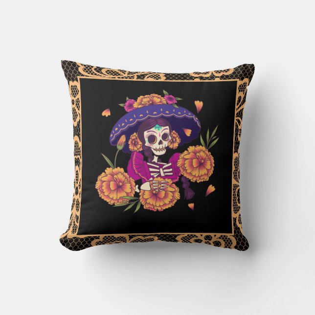 Hübsches Blumenskelett Skull & Orange Lace Gothic Kissen (Vorderseite)