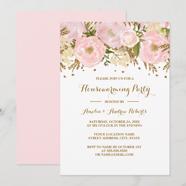 Hübsches Blush Pink Gold Blumenkolorbäume Party Einladung (Vorne/Hinten)
