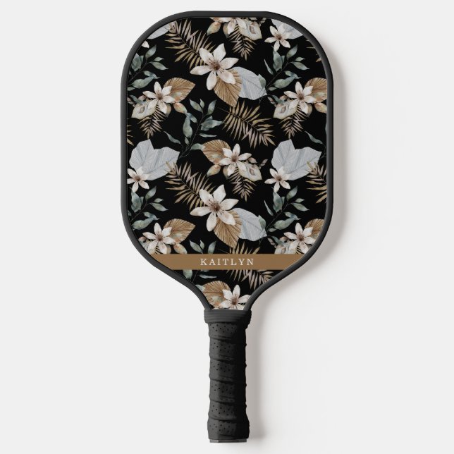 Hübsches Boho Gold Tropical Floral und Name Pickleball Schläger (Vorderseite)