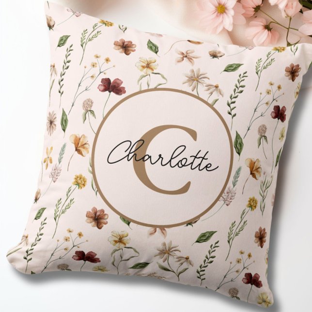 Hübsches botanisches Blütenrosa Monogramm Kissen (Pretty Floral Botanical Blush Pink Monogram Throw Pillow)