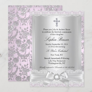 Hübsches Bow Cross Erste Kommune Lila Einladung