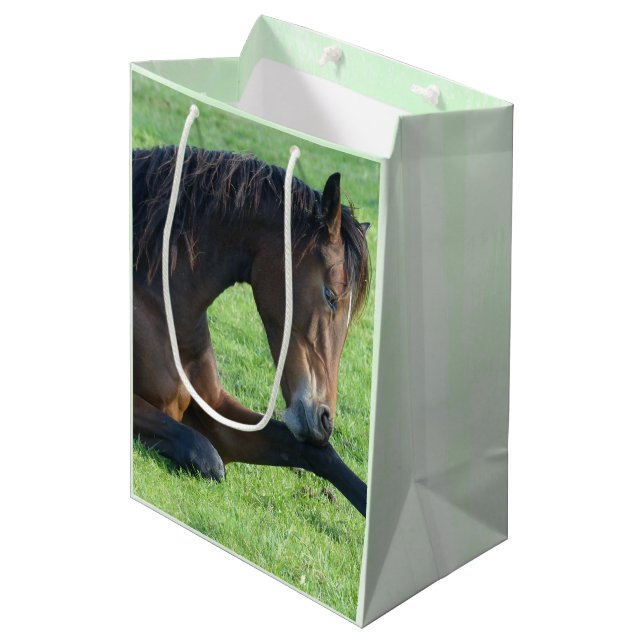 Hübsches braunes Pferd im Gras Mittlere Geschenktüte (Vorderseite Schrägansicht)