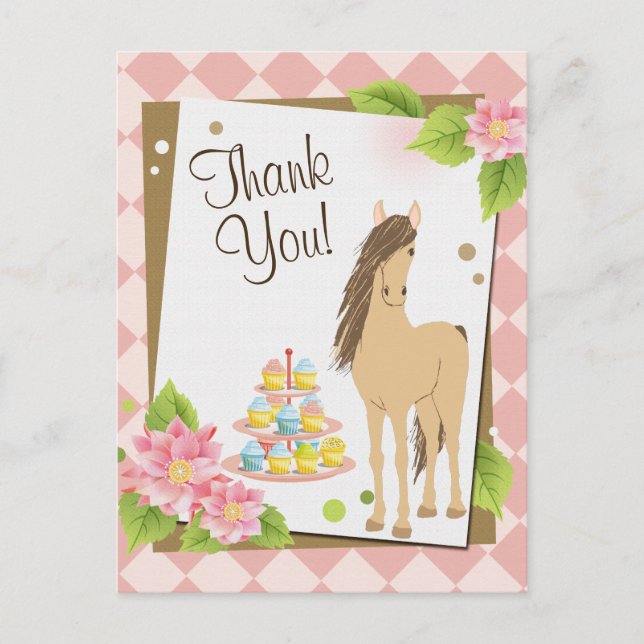 Hübsches braunes Pferd und rosa Blume Vielen Dank Postkarte (Vorderseite)