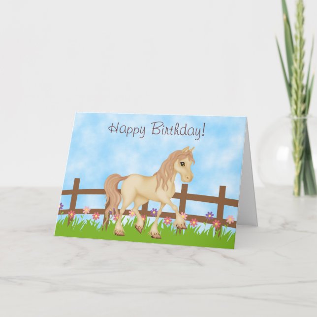Hübsches Cremepferd und Blume zum Geburtstag Karte (Vorderseite)