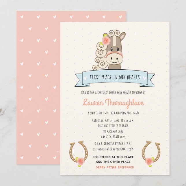 Hübsches Derby Horse Baby Shower Invitations Girl Ankündigung (Vorne/Hinten)