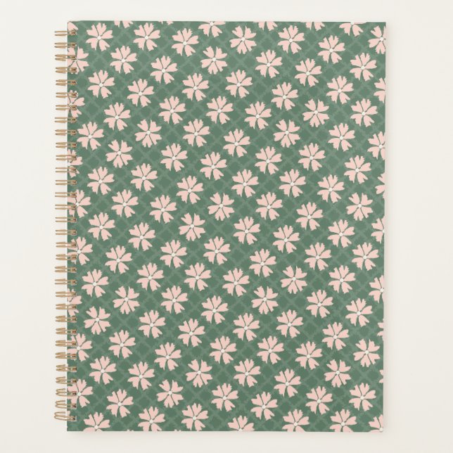 Hübsches dunkelgrünes Pastell rosa Blumenmuster Planer (Vorderseite)
