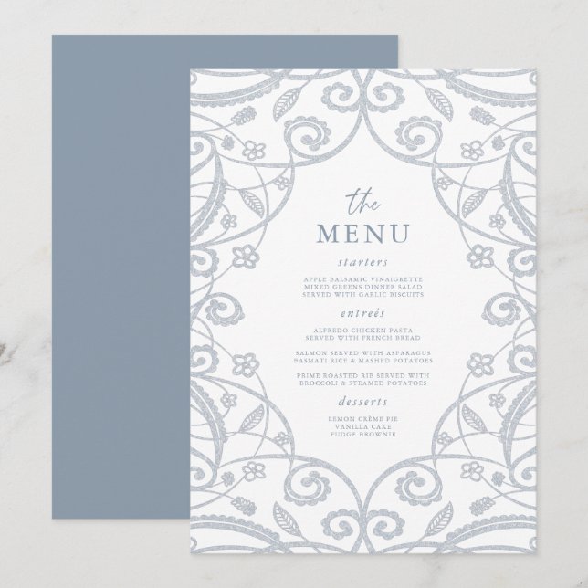 Hübsches Dusty Blue Silver Glitzer Lace Wedding Me Menükarte (Vorne/Hinten)