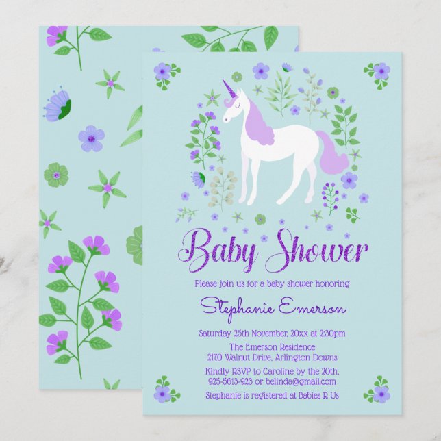 Hübsches Einhorn Lila Aqua Baby Dusche Einladung (Vorne/Hinten)