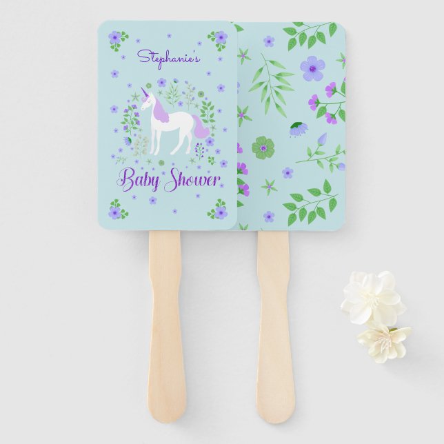 Hübsches Einhorn Lila Aqua Baby Dusche Fächer (Vorne und Hinten)