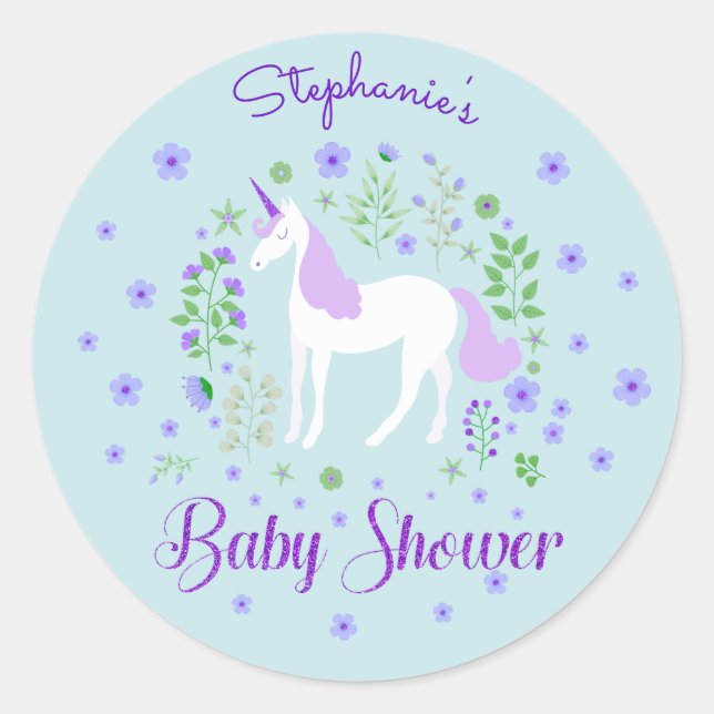 Hübsches Einhorn Lila Aqua Baby Dusche Runder Aufkleber (Vorderseite)